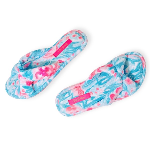 LILLY PULITZER Terry Slippers Printed Velour Bondi Blue My Little Peony NWT - Picture 7 of 9